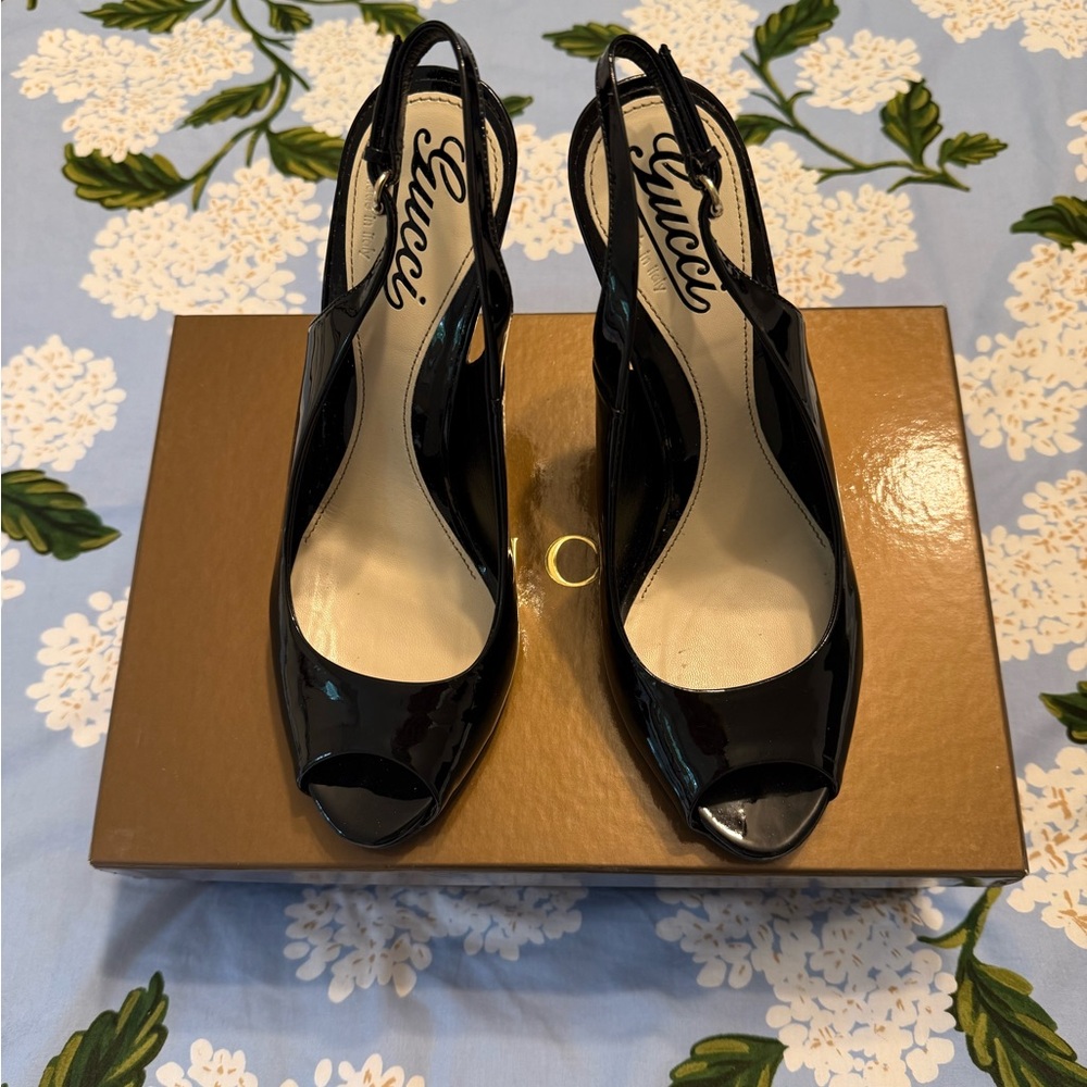 Gucci Black Patent Leather Peep-Toe Heels